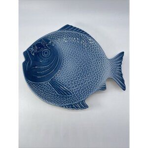 11” Faiobidos Portugal Portuguese Ceramic Blue Fish Dish Plate Blue Hand Painted